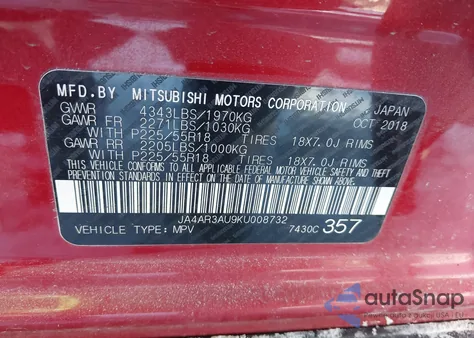 2019 Mitsubishi Outlander Sport 2.0 Le z USA, uszkodzony, nr VIN JA4AR3AU9KU008732